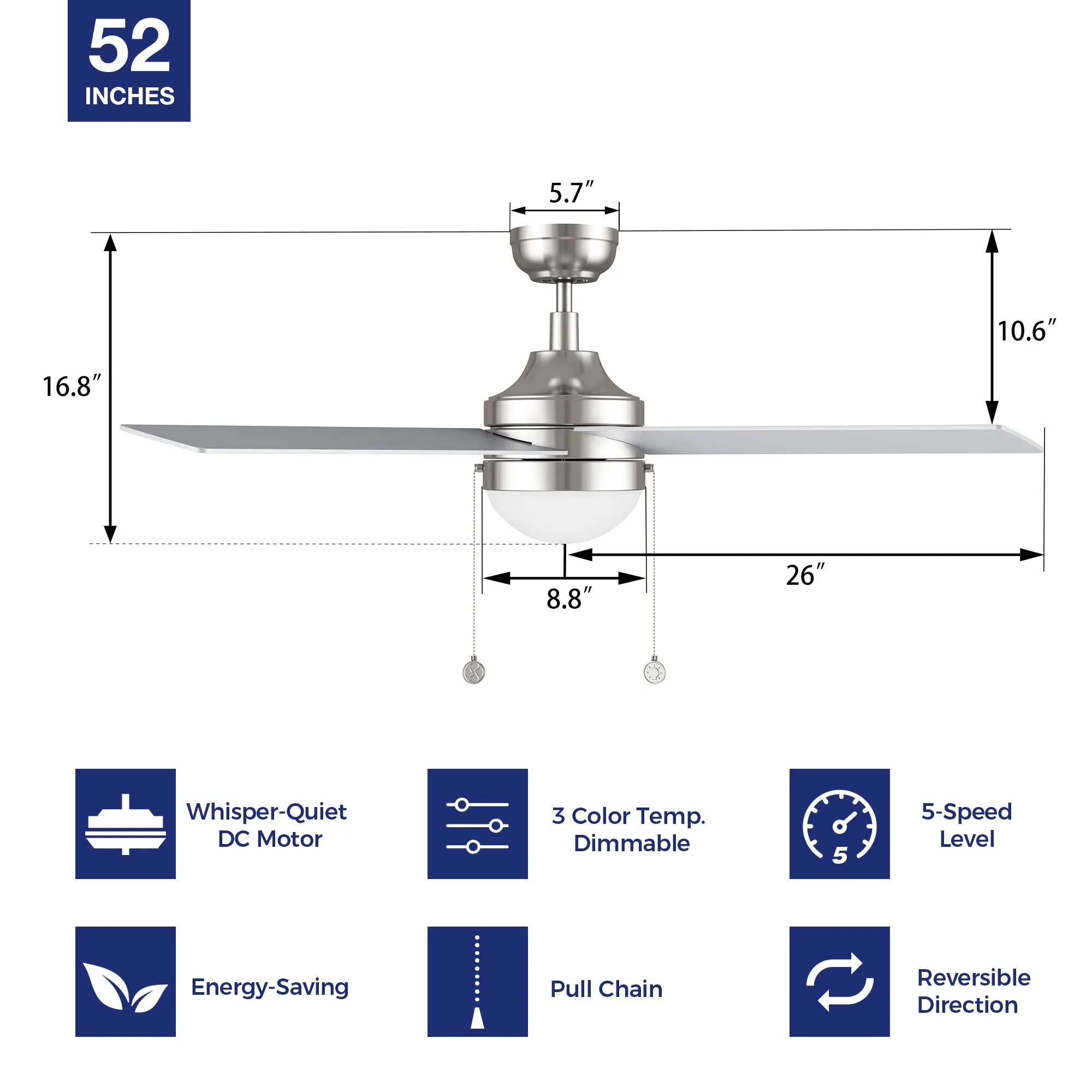 Sunalia 52 inch Ceiling Fan with LED Light and Pull Chain