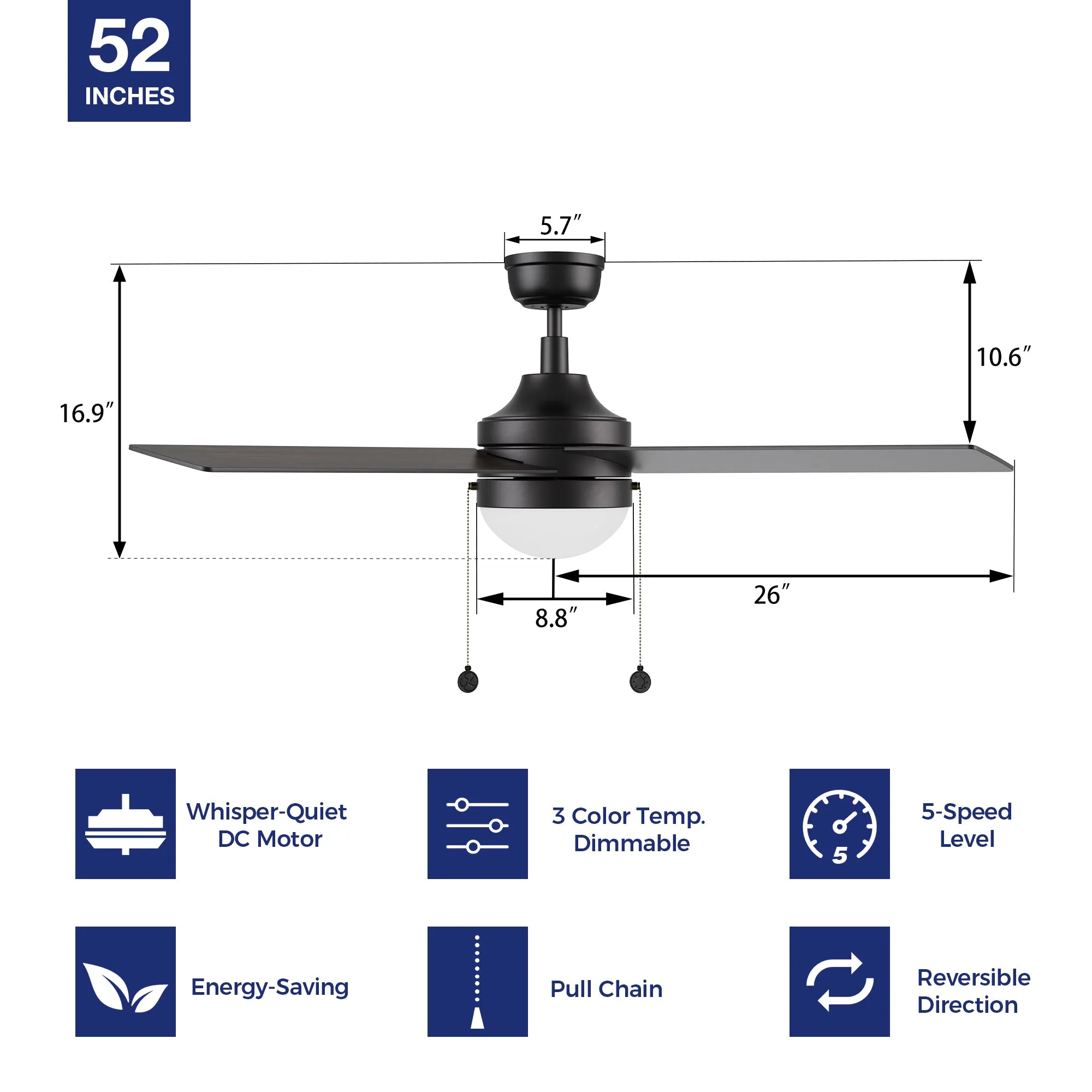 Sunalia 52 inch Ceiling Fan with LED Light and Pull Chain