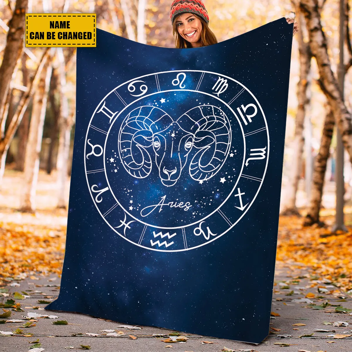 Teesdily | Aries Personalized Fleece Blanket With Name Horoscope Design Sherpa Blanket Zodiac Sign Constellation Astrology Adult Kid Birthday Gifts