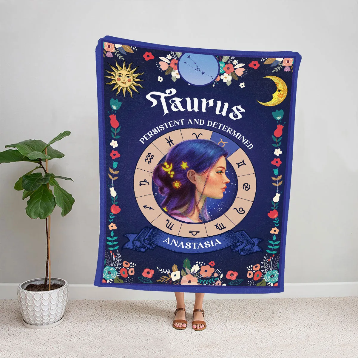 Teesdily | Taurus Zodiac Sign Characteristics Customized Blanket Persistent And Determined Sherpa Fleece Horoscope Design Astrology Gift Birthday