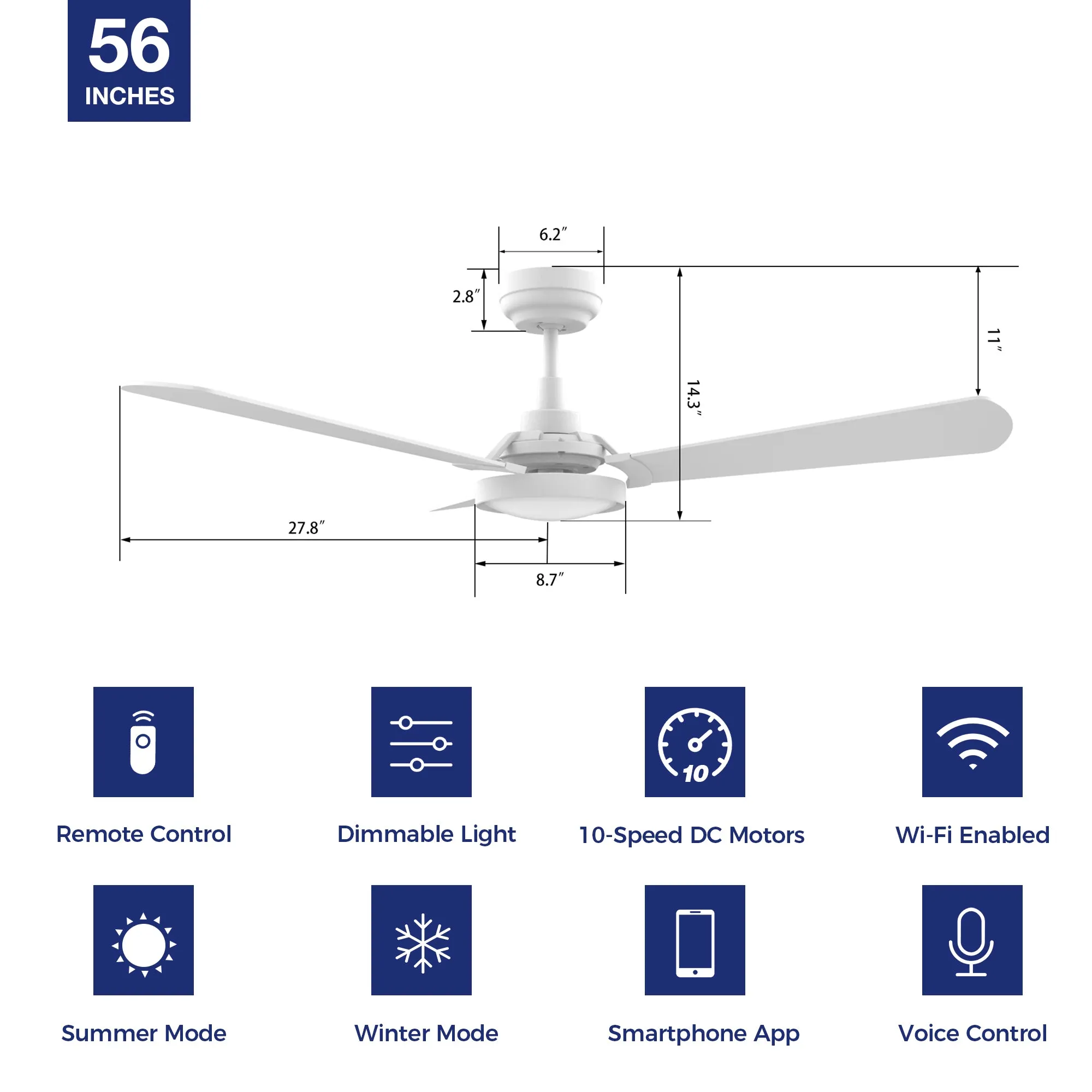 Viter Outdoor Smart Ceiling Fan with Dimmable LED Light and Remote 56"