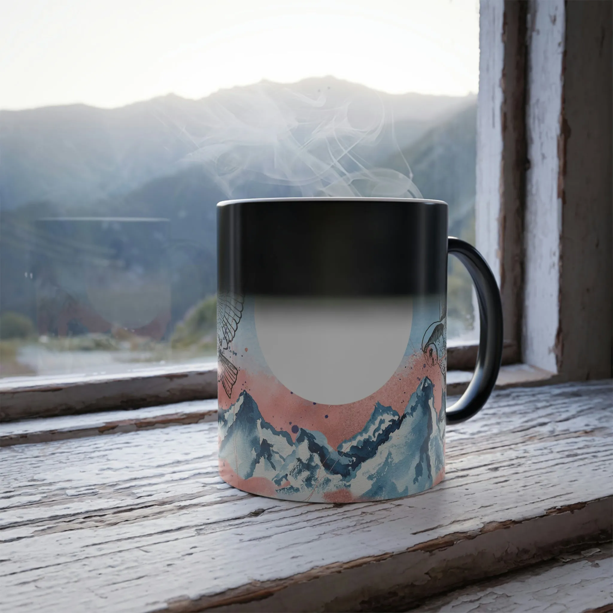 Watercolor owl and mountain 11oz Color Morphing Mug