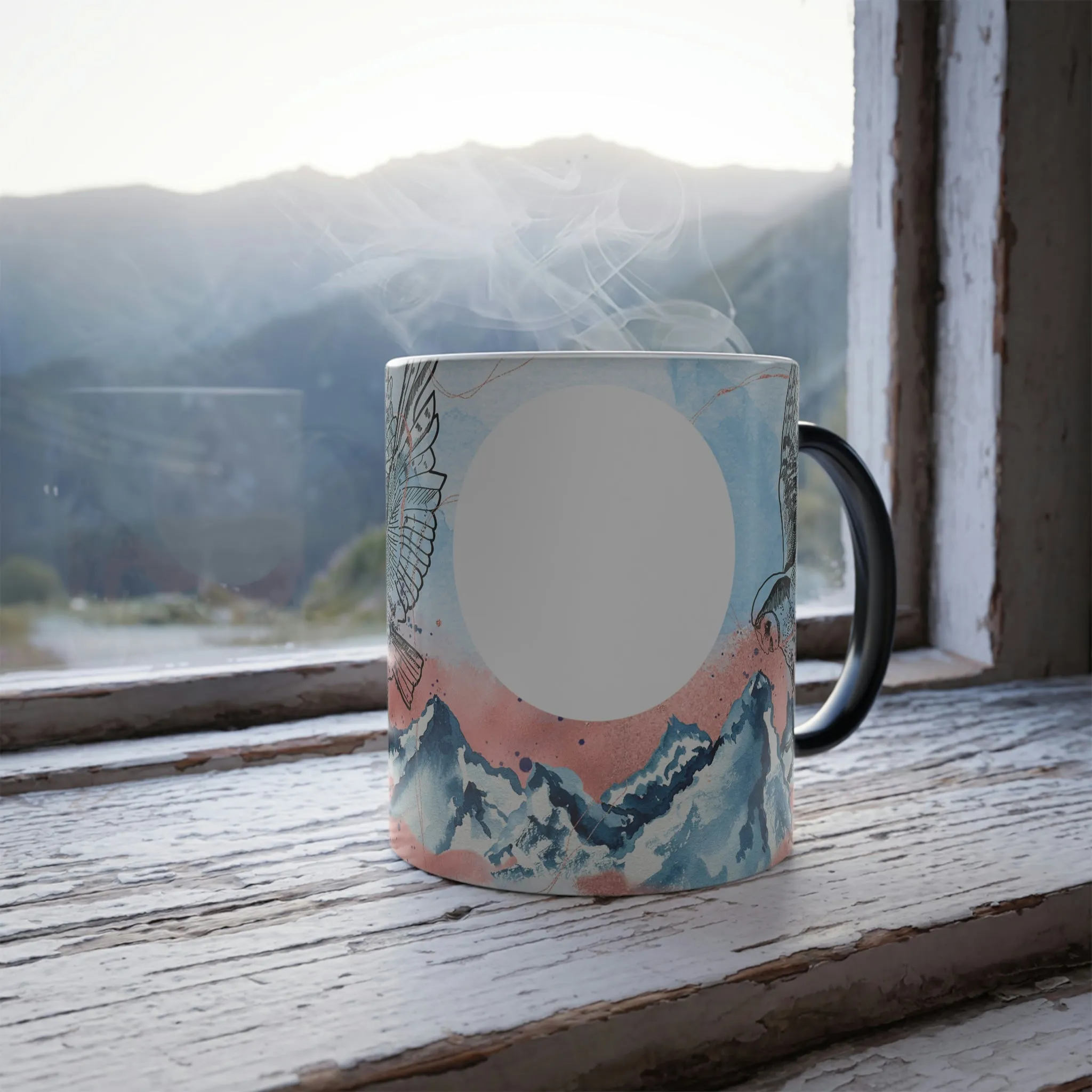 Watercolor owl and mountain 11oz Color Morphing Mug