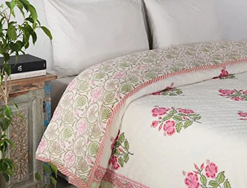 WOODSY Original Pure Cotton Jaipuri Razai Hand Block Pink and Green Flower Print Reversible Comforter Lightweight AC Quilt Summer and Winter Bedding | Throw Bed Blanket (King Size 108X108 Inches)