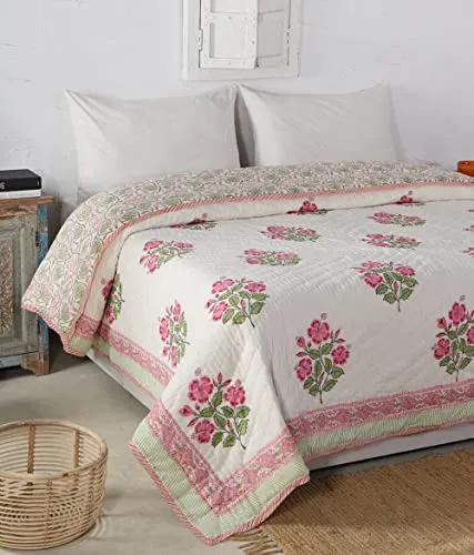 WOODSY Original Pure Cotton Jaipuri Razai Hand Block Pink and Green Flower Print Reversible Comforter Lightweight AC Quilt Summer and Winter Bedding | Throw Bed Blanket (King Size 108X108 Inches)