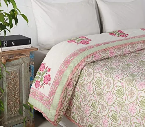 WOODSY Original Pure Cotton Jaipuri Razai Hand Block Pink and Green Flower Print Reversible Comforter Lightweight AC Quilt Summer and Winter Bedding | Throw Bed Blanket (King Size 108X108 Inches)