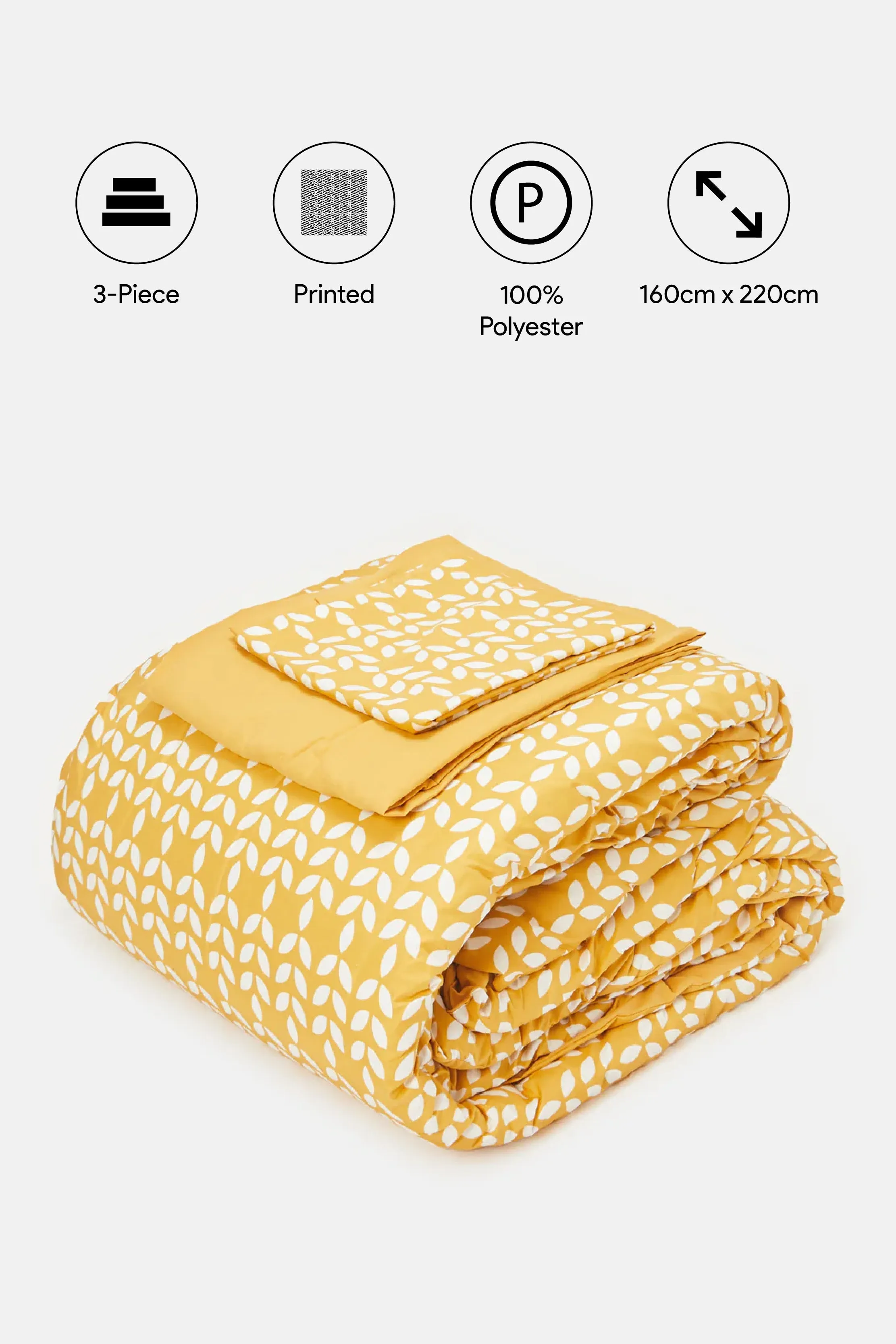 Yellow 3 Piece Leaves Printed Comforter Set (Single Size)