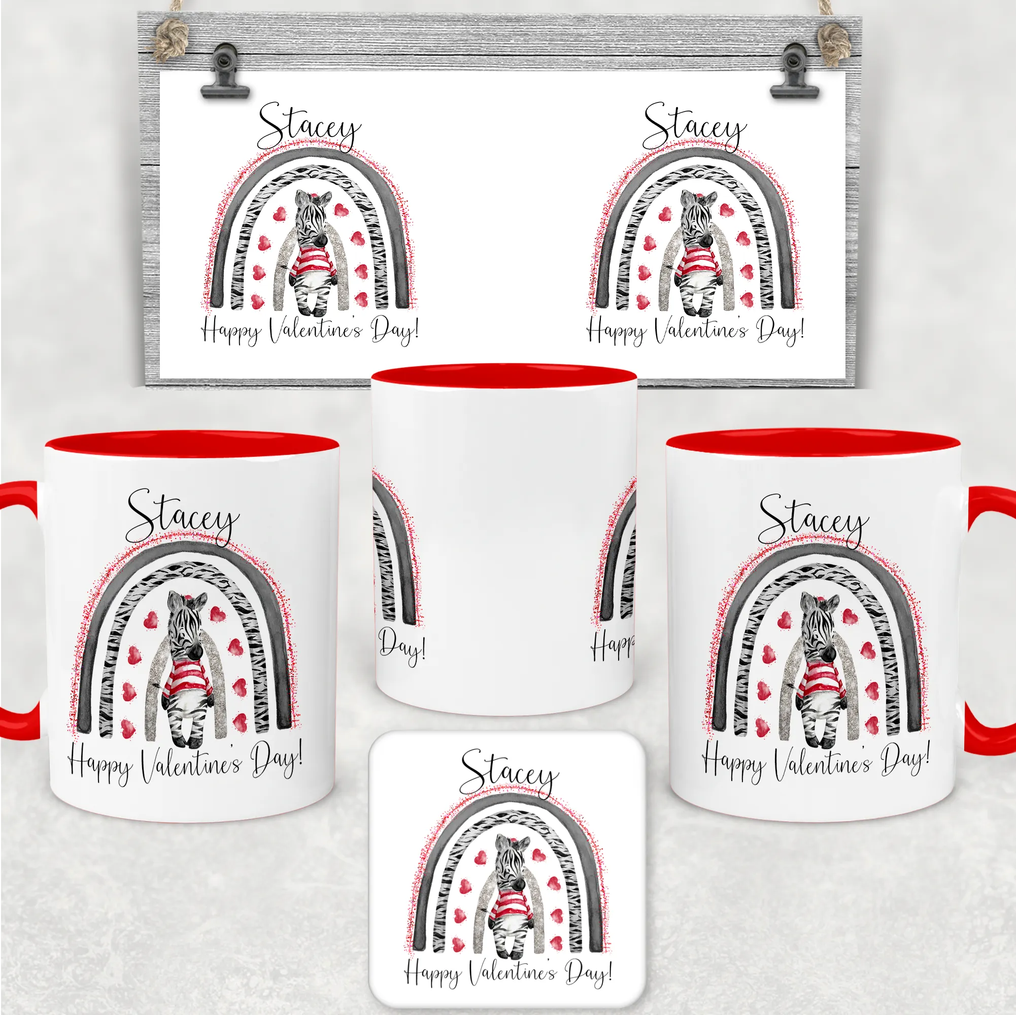 Zebra Rainbow Red Valentine's Day Personalised Mug and Coaster Set