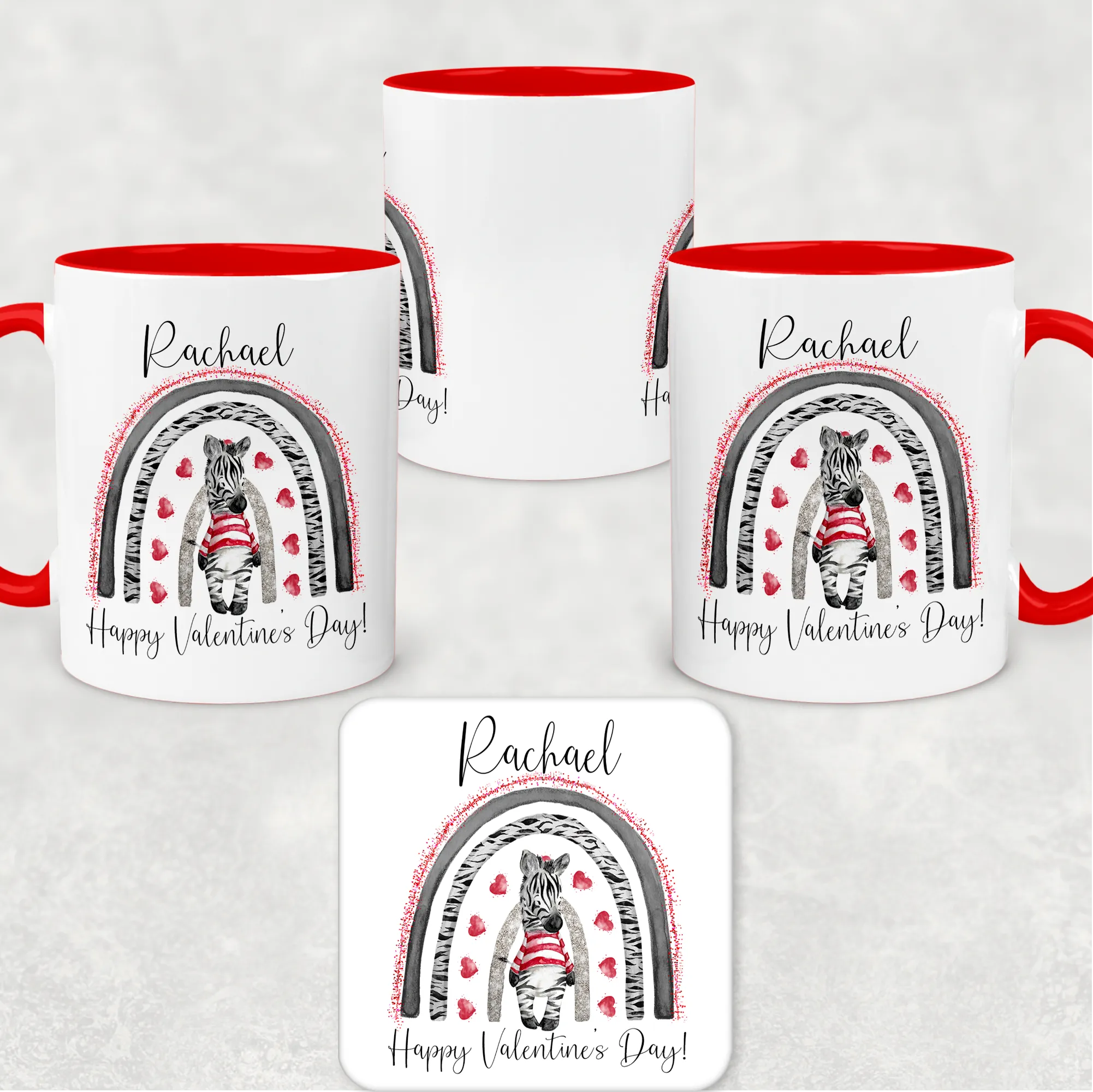 Zebra Rainbow Red Valentine's Day Personalised Mug and Coaster Set