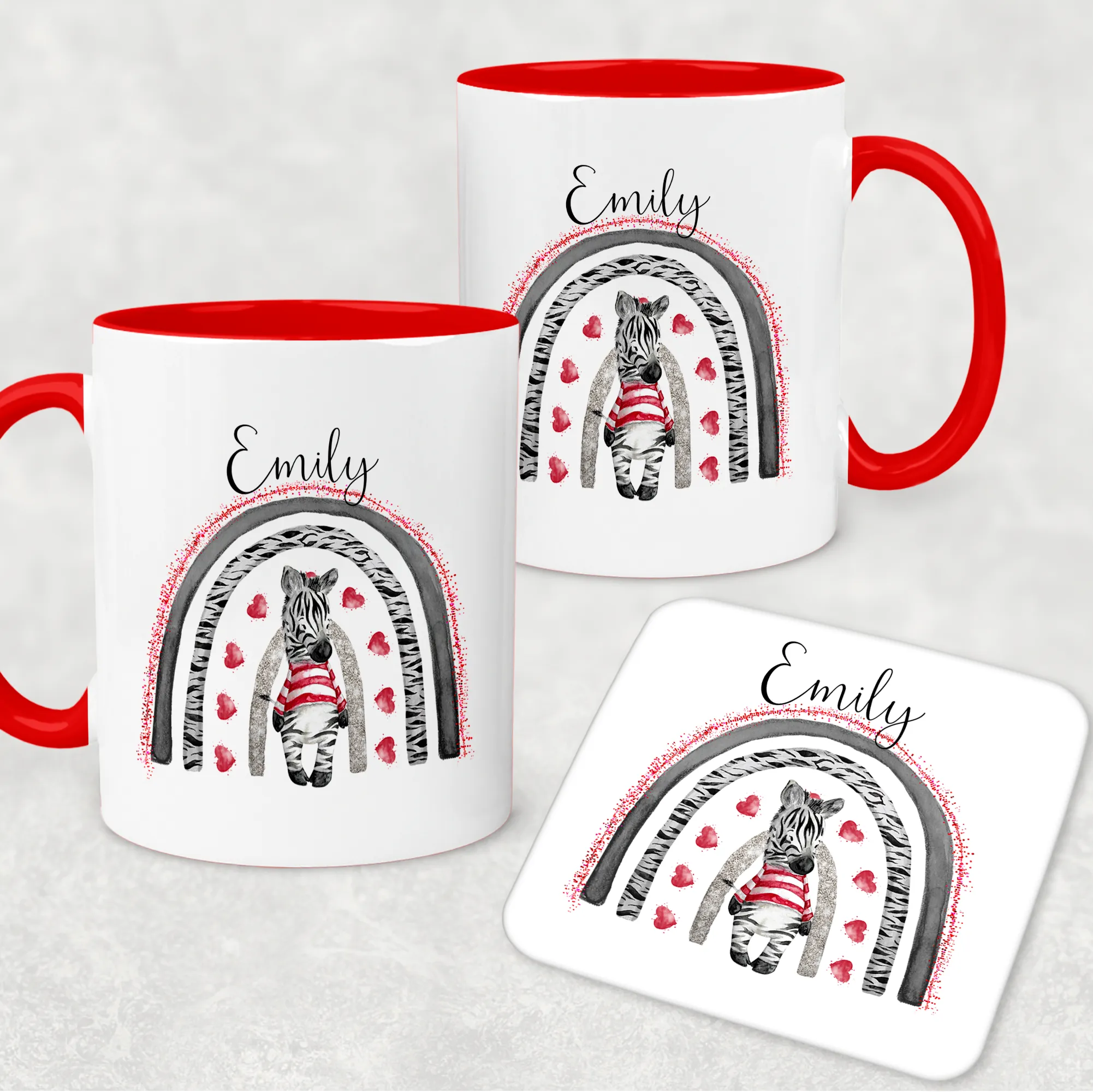 Zebra Rainbow Red Valentine's Day Personalised Mug and Coaster Set