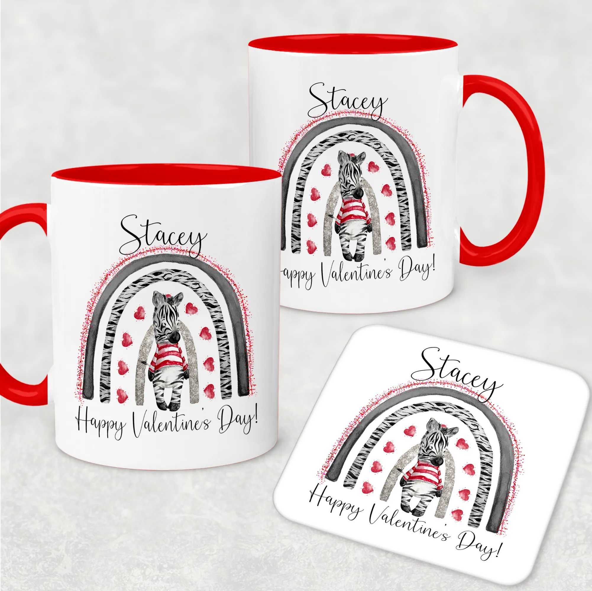 Zebra Rainbow Red Valentine's Day Personalised Mug and Coaster Set