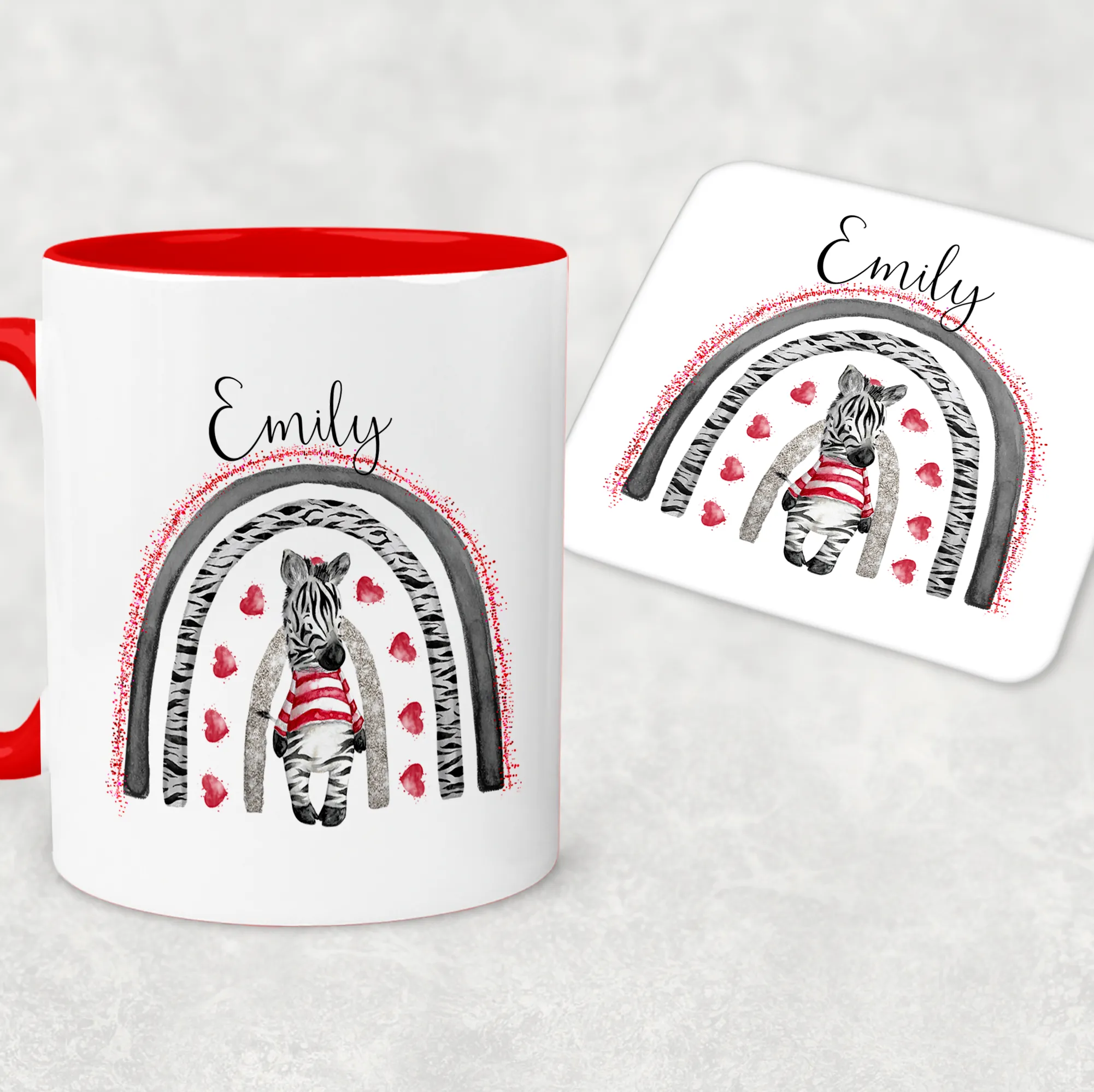 Zebra Rainbow Red Valentine's Day Personalised Mug and Coaster Set