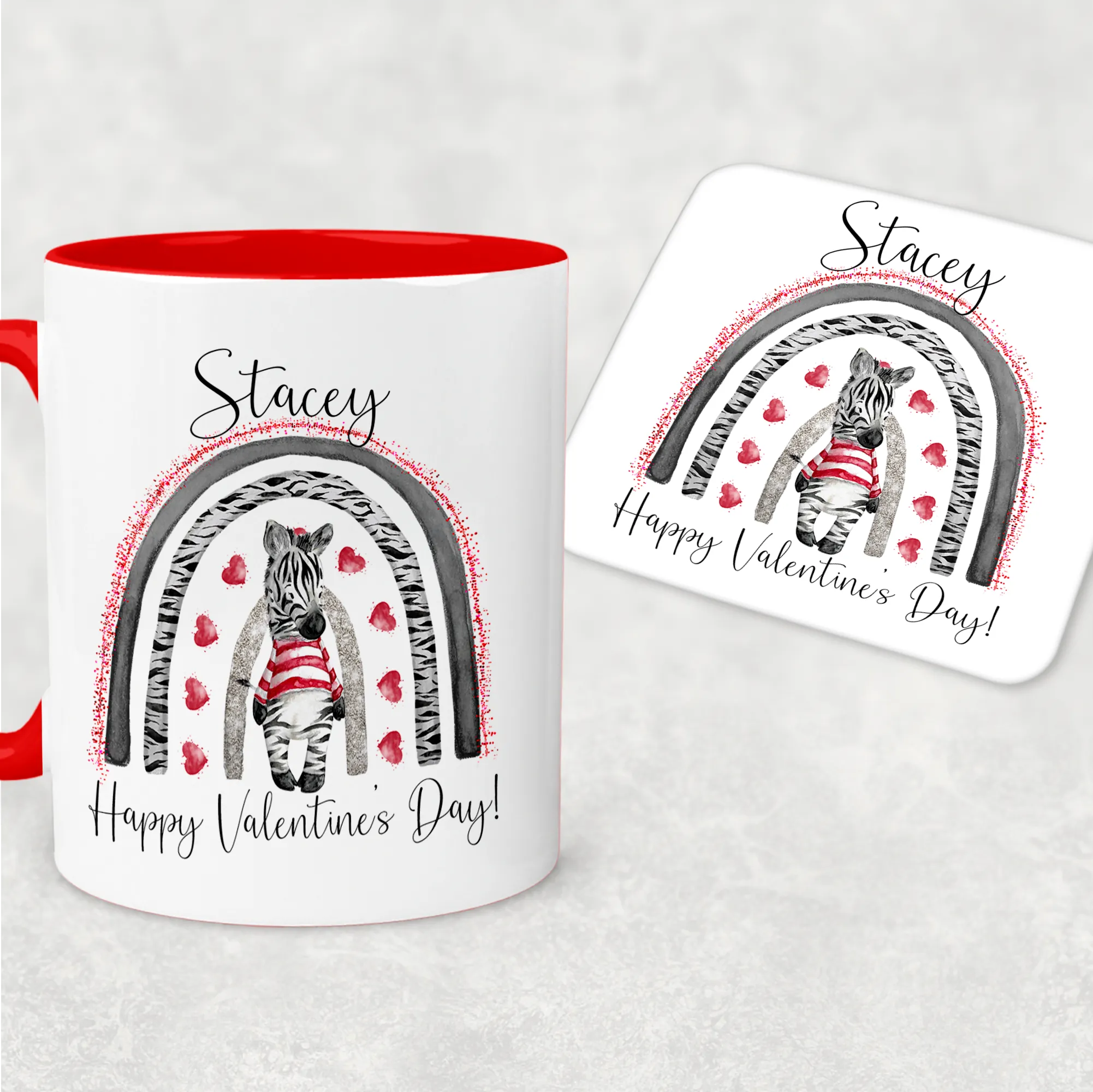 Zebra Rainbow Red Valentine's Day Personalised Mug and Coaster Set