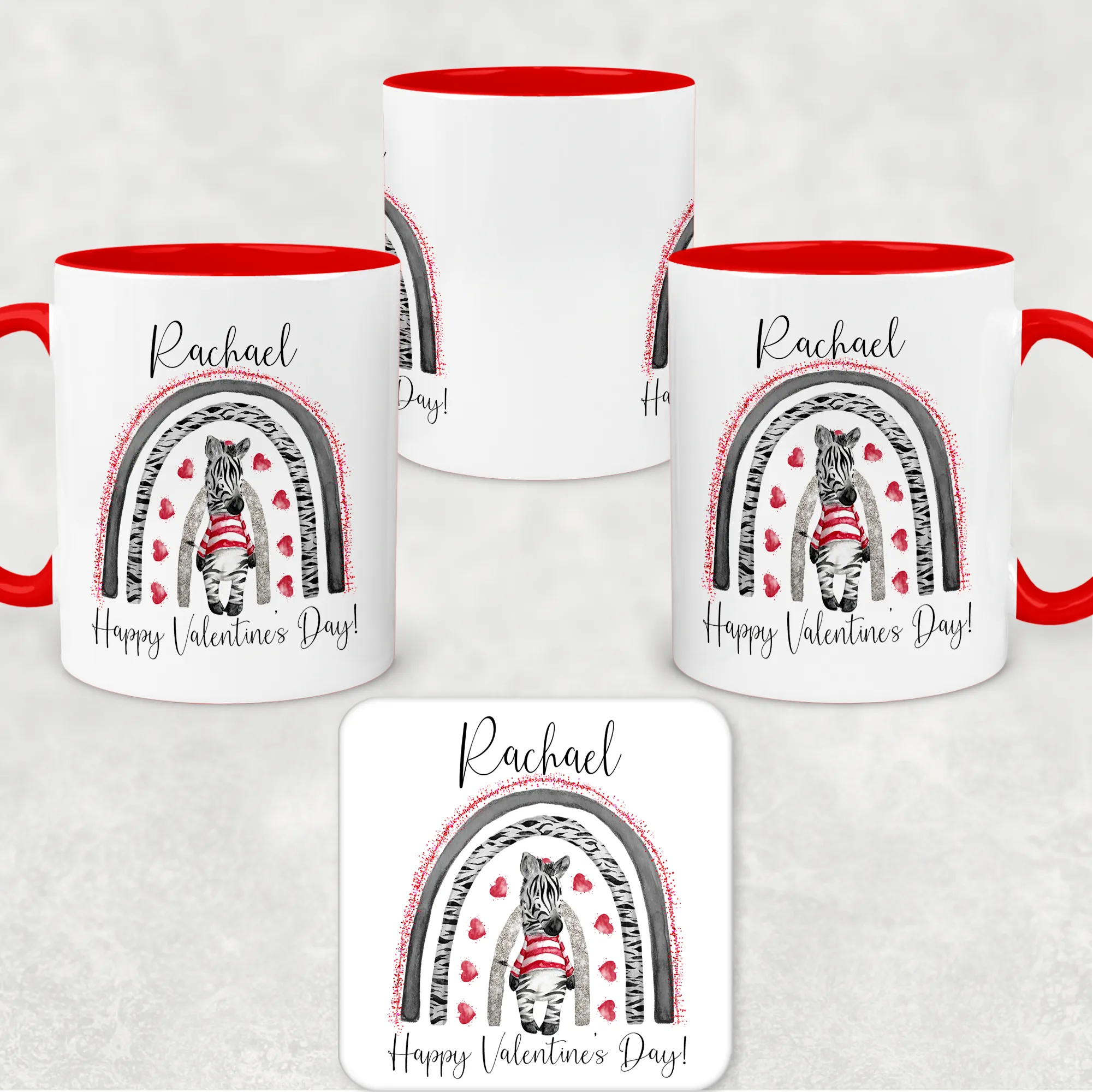 Zebra Rainbow Red Valentine's Day Personalised Mug and Coaster Set