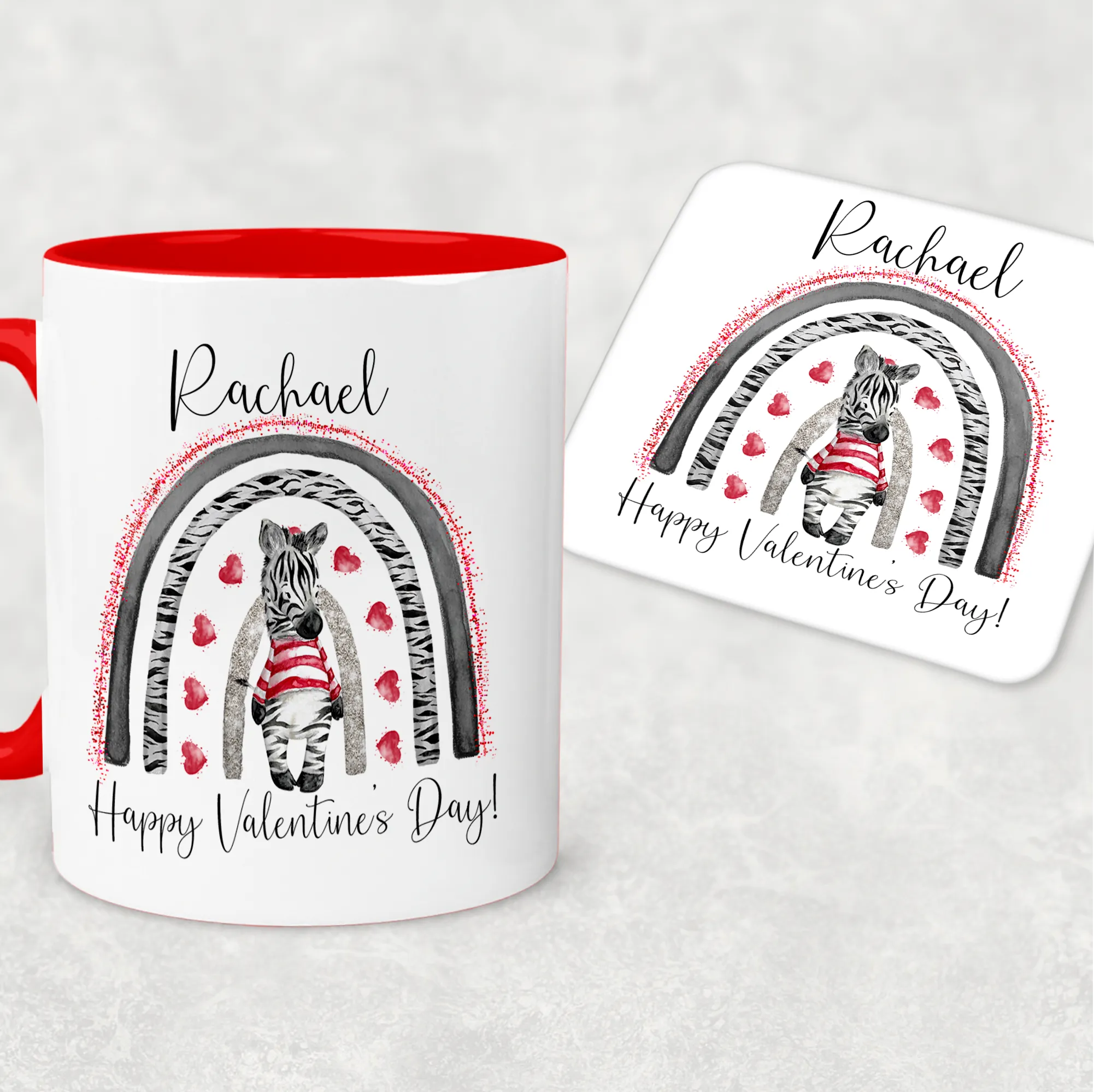 Zebra Rainbow Red Valentine's Day Personalised Mug and Coaster Set