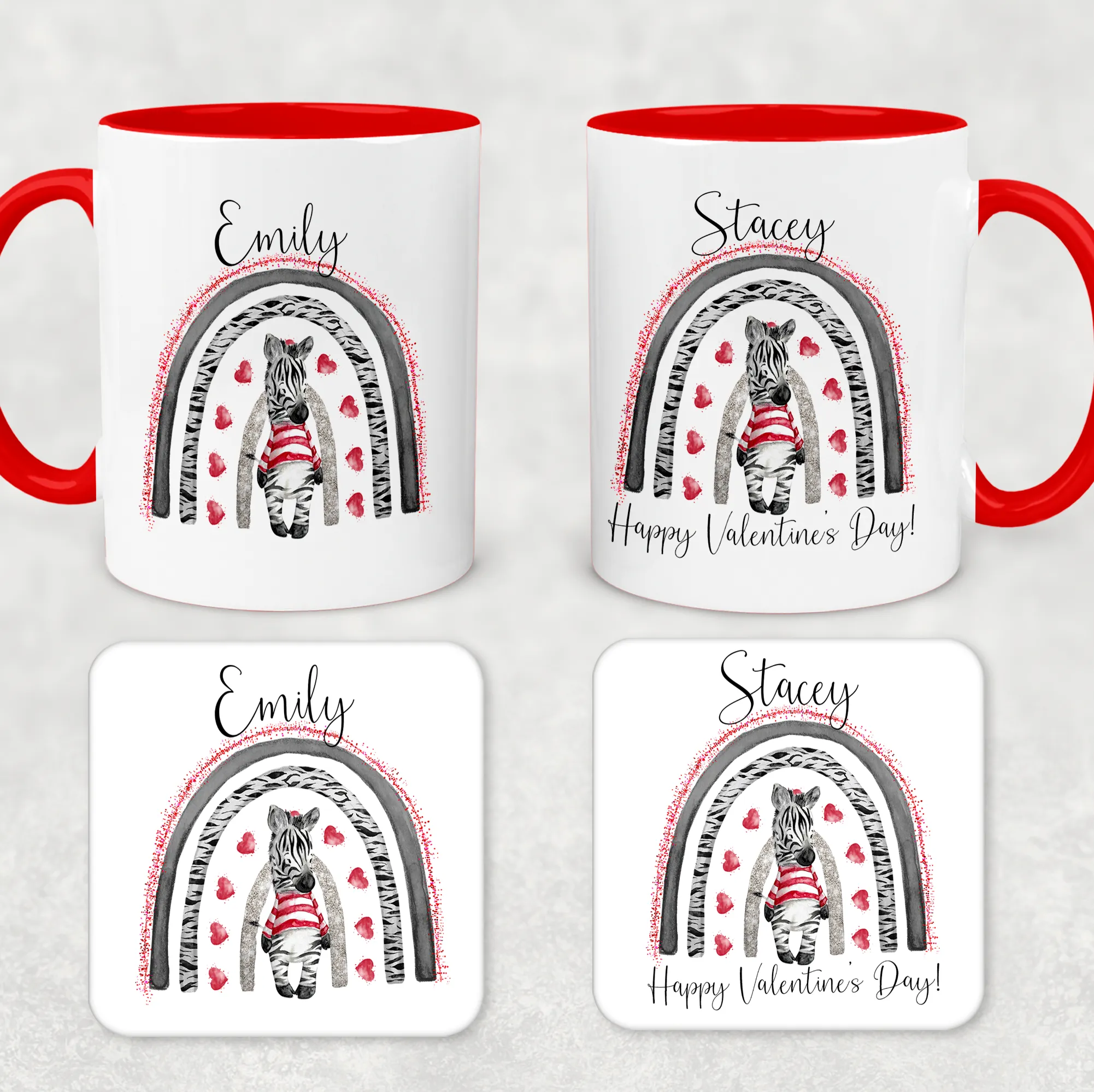 Zebra Rainbow Red Valentine's Day Personalised Mug and Coaster Set