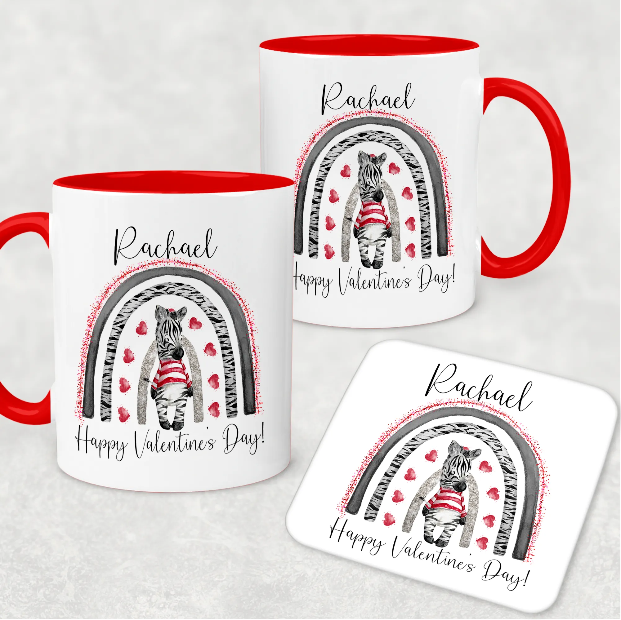 Zebra Rainbow Red Valentine's Day Personalised Mug and Coaster Set