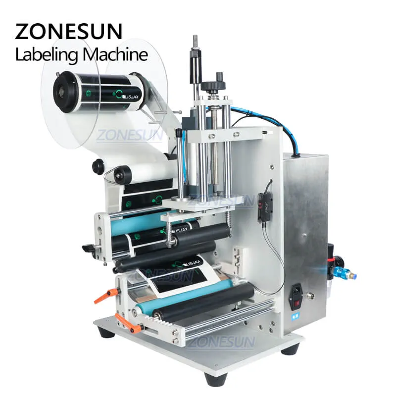 ZS-TB100SW Semi-automatic Round Wine Glass Plastic Bottle Sticker Label Double Side Labeling Machine